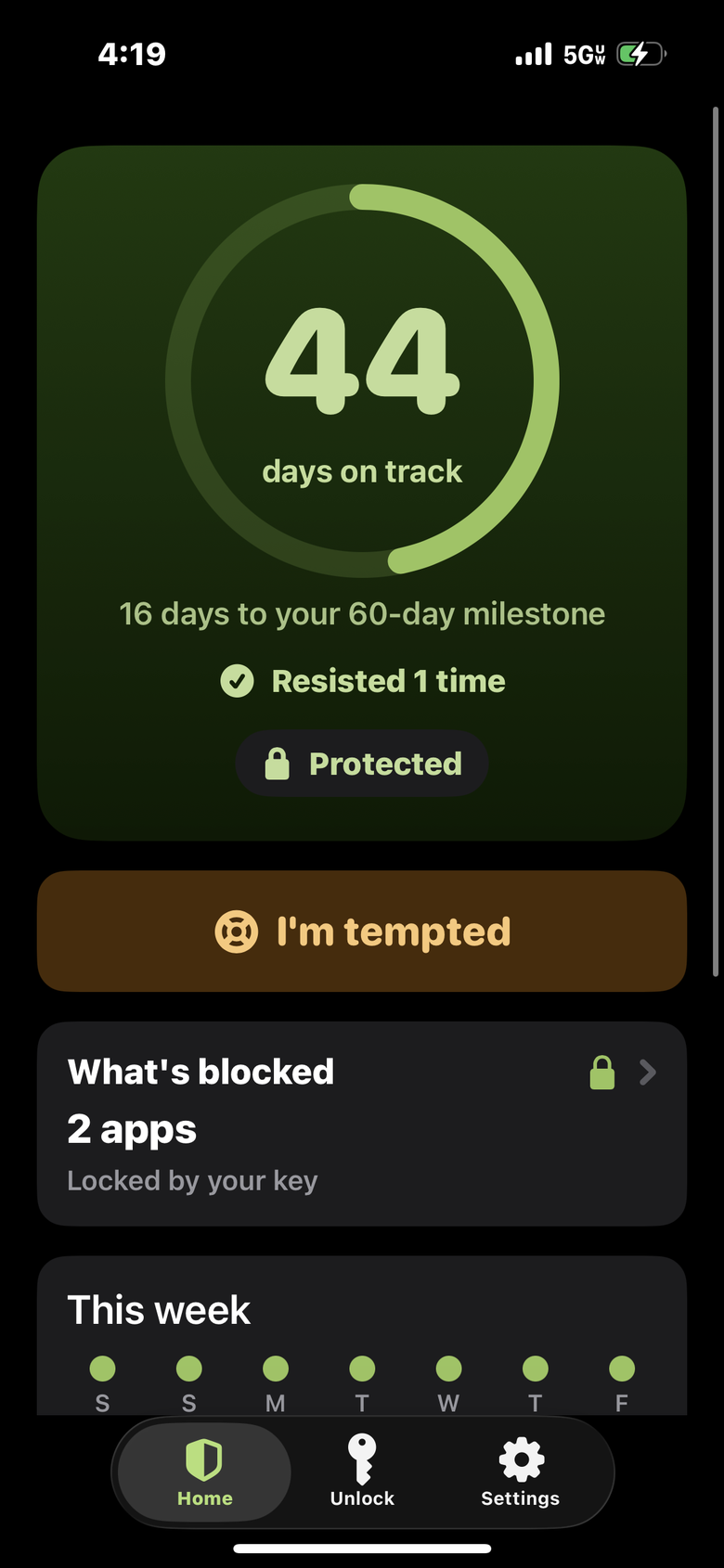Pawl app screen. Home: 44 days on track inside a ring, 16 days to the 60-day milestone, resisted 1 time, Protected. Below it an I'm tempted button and What's blocked: 2 apps, locked by your key.