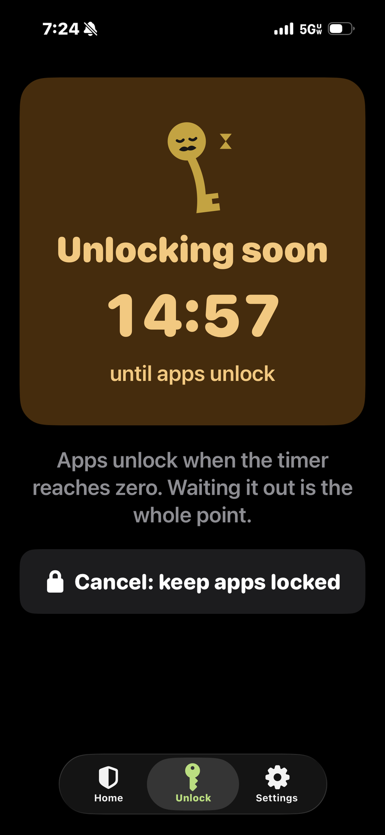 Pawl app screen. The key mascot with closed eyes and a small hourglass, above Unlocking soon, 14:57 until apps unlock. Below it: Apps unlock when the timer reaches zero. Waiting it out is the whole point. A button reads Cancel: keep apps locked.